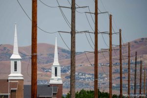 (Trent Nelson | The Salt Lake Tribune) Two LDS meetinghouses built next to each near the border of Lehi and Saratoga Springs, Saturday July 27, 2024.