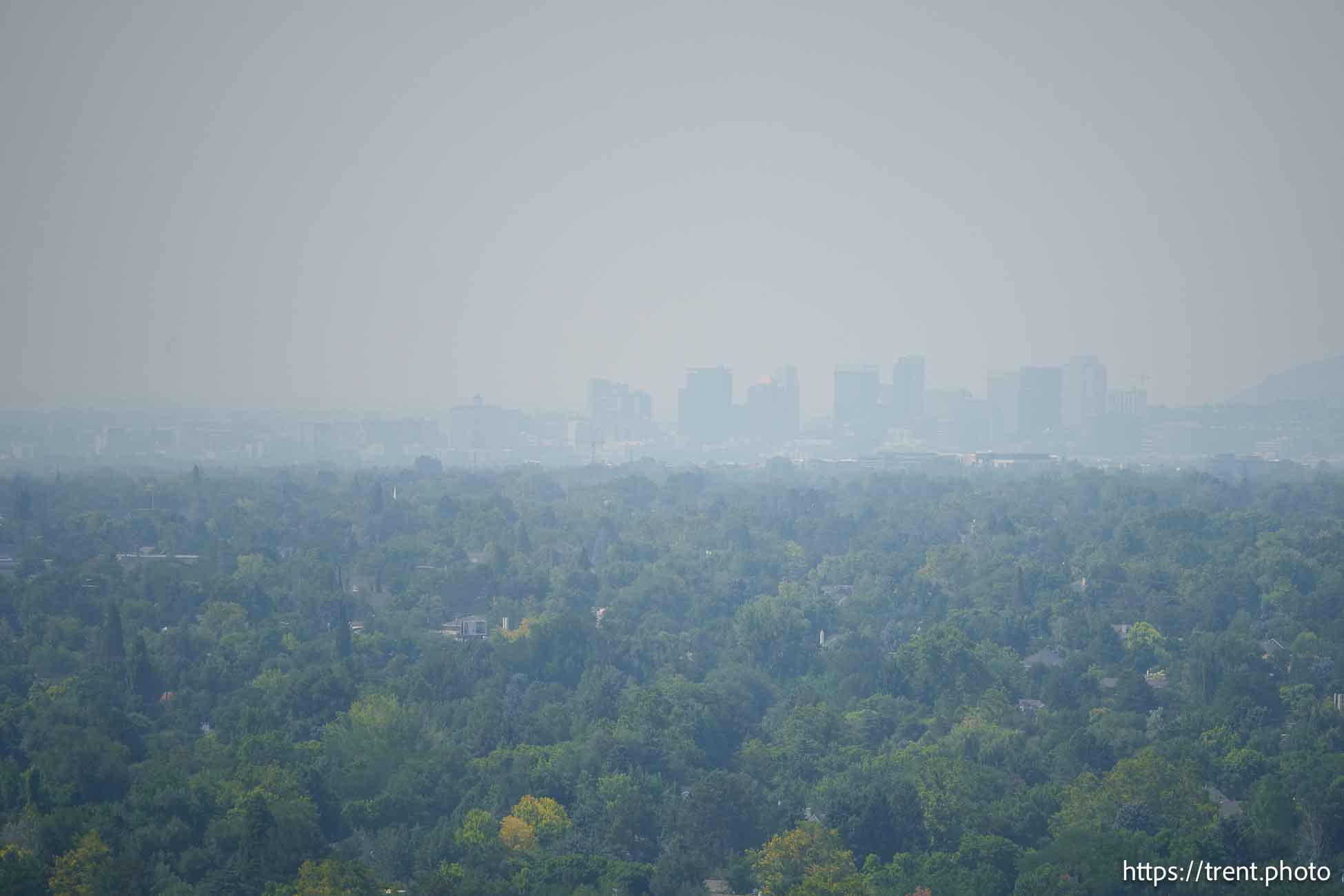 (Trent Nelson  |  The Salt Lake Tribune) Smoke from wildfires fills the Salt Lake Valley on Thursday, Aug. 8, 2024.