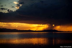 sunset and thunderstorm, great salt lake, on Monday, Aug. 19, 2024.