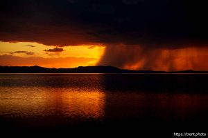 sunset and thunderstorm, great salt lake, on Monday, Aug. 19, 2024.