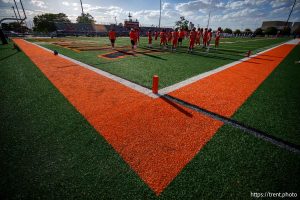 (Trent Nelson  |  The Salt Lake Tribune) Murray players warm up before facing Taylorsville, high school football  on Friday, Aug. 23, 2024.