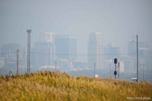 (Trent Nelson  |  The Salt Lake Tribune) Dust and smoke fills the air over Salt Lake City on Saturday, Aug. 24, 2024.