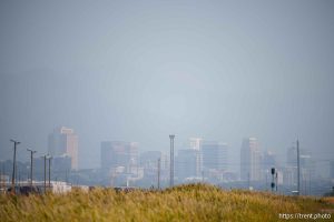 (Trent Nelson  |  The Salt Lake Tribune) Dust and smoke fills the air over Salt Lake City on Saturday, Aug. 24, 2024.