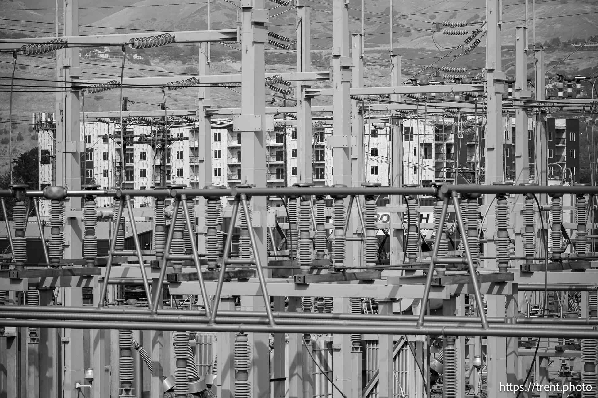 (Trent Nelson  |  The Salt Lake Tribune) Housing and a power station in Salt Lake City's soon-to-be-redeveloped Power District on Saturday, Aug. 24, 2024.