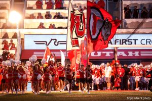 (Trent Nelson  |  The Salt Lake Tribune) Utah takes the field as the Utah Utes host the Southern Utah Thunderbirds, NCAA football in Salt Lake City on Thursday, Aug. 29, 2024.