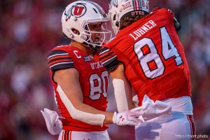 (Trent Nelson  |  The Salt Lake Tribune) Utah Utes tight end Brant Kuithe (80) and Utah Utes tight end Caleb Lohner (84) celebrate a touchdown as the Utah Utes host the Southern Utah Thunderbirds, NCAA football in Salt Lake City on Thursday, Aug. 29, 2024.