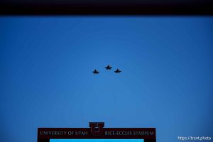 (Trent Nelson  |  The Salt Lake Tribune) Air Force flyover as the Utah Utes host the Southern Utah Thunderbirds, NCAA football in Salt Lake City on Thursday, Aug. 29, 2024.