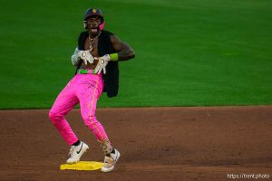 (Trent Nelson  |  The Salt Lake Tribune) Jason Swan of the Party Animals celebrates a double while facing the Savannah Bananas as part of the Banana Ball World Tour at Smith's Ballpark in Salt Lake City on Friday, Aug. 30, 2024.