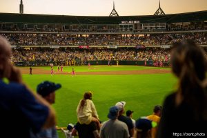 (Trent Nelson  |  The Salt Lake Tribune) The Savannah Bananas face the Party Animals as part of the Banana Ball World Tour at Smith's Ballpark in Salt Lake City on Friday, Aug. 30, 2024.