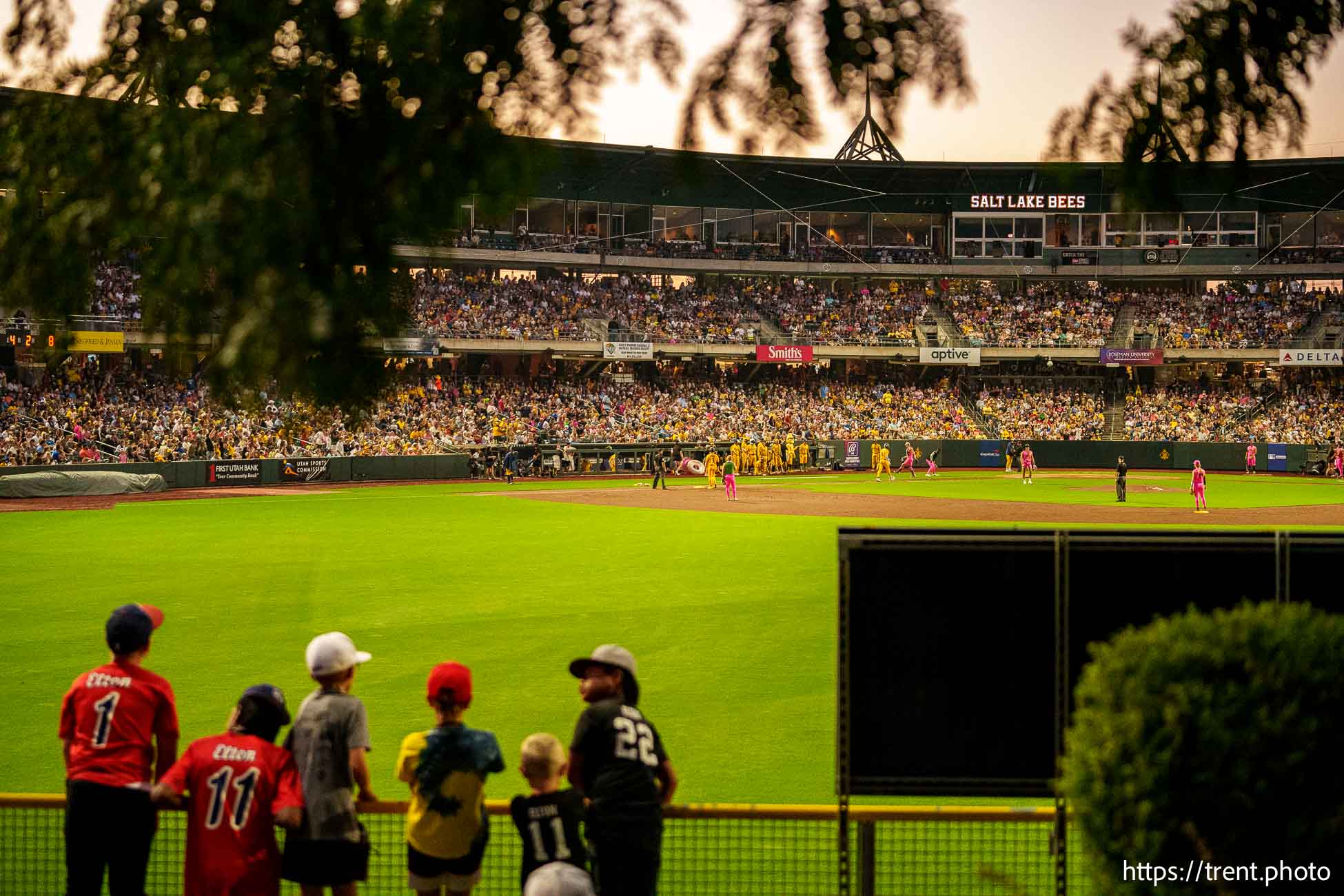 (Trent Nelson  |  The Salt Lake Tribune) The Savannah Bananas face the Party Animals as part of the Banana Ball World Tour at Smith's Ballpark in Salt Lake City on Friday, Aug. 30, 2024.