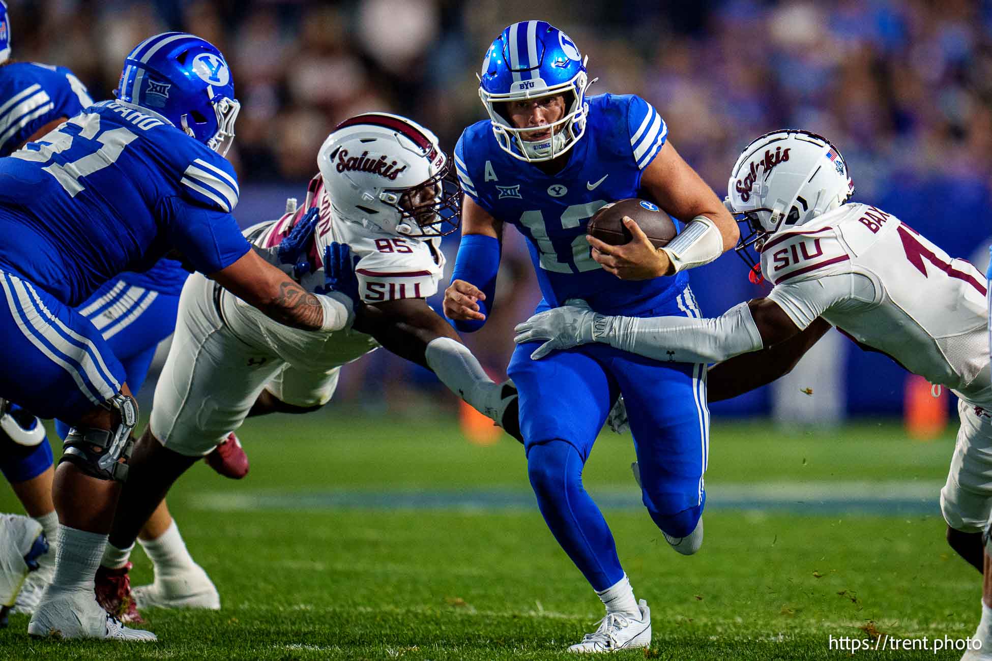 (Trent Nelson  |  The Salt Lake Tribune) Brigham Young Cougars quarterback Jake Retzlaff (12) as BYU hosts Southern Illinois, NCAA football in Provo on Saturday, Aug. 31, 2024.