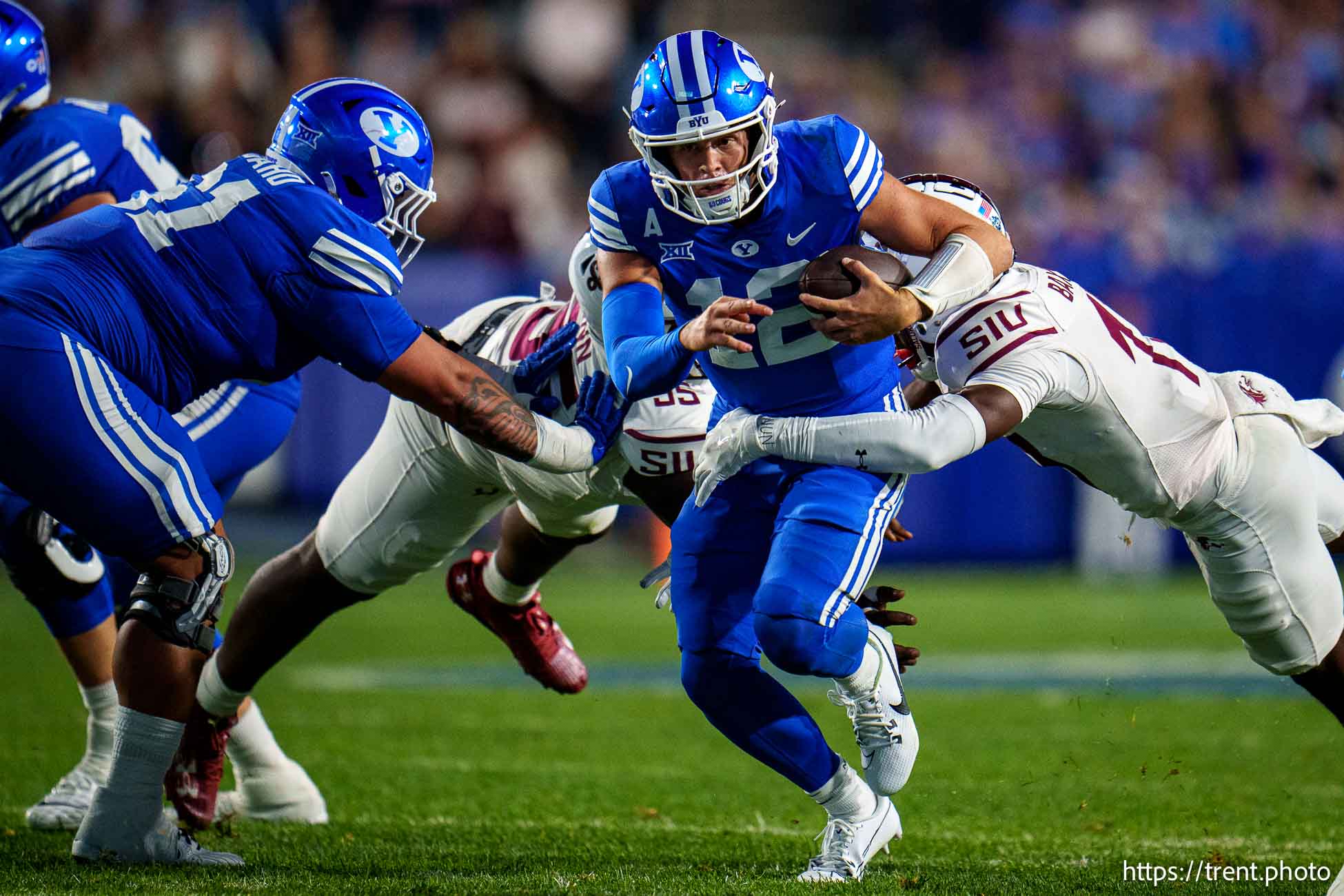 (Trent Nelson  |  The Salt Lake Tribune) Brigham Young Cougars quarterback Jake Retzlaff (12) as BYU hosts Southern Illinois, NCAA football in Provo on Saturday, Aug. 31, 2024.