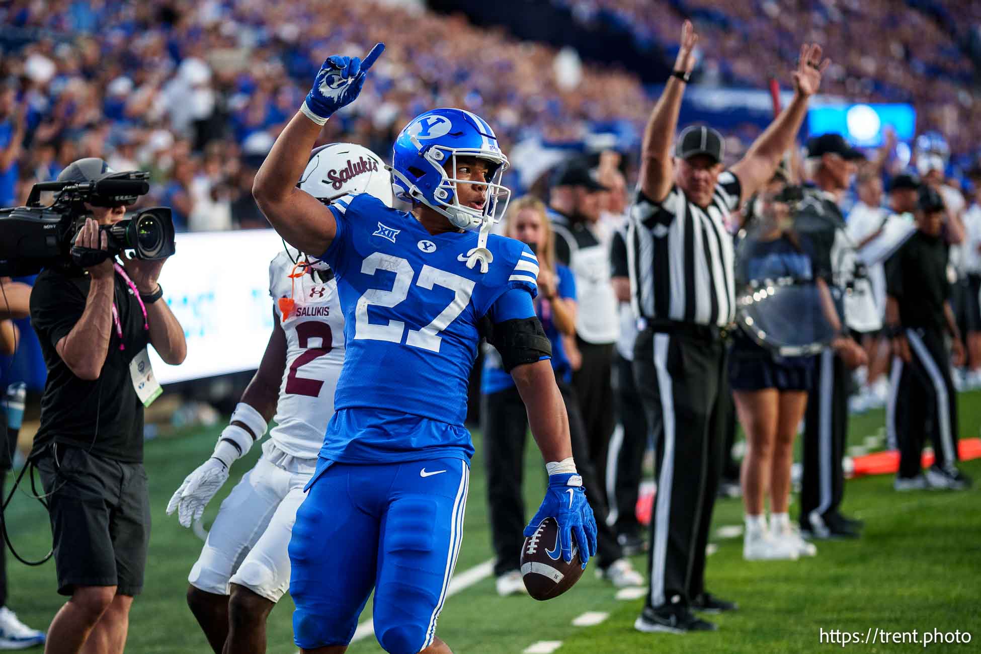 (Trent Nelson  |  The Salt Lake Tribune) Brigham Young Cougars running back LJ Martin (27) celebrates a touchdown as BYU hosts Southern Illinois, NCAA football in Provo on Saturday, Aug. 31, 2024.