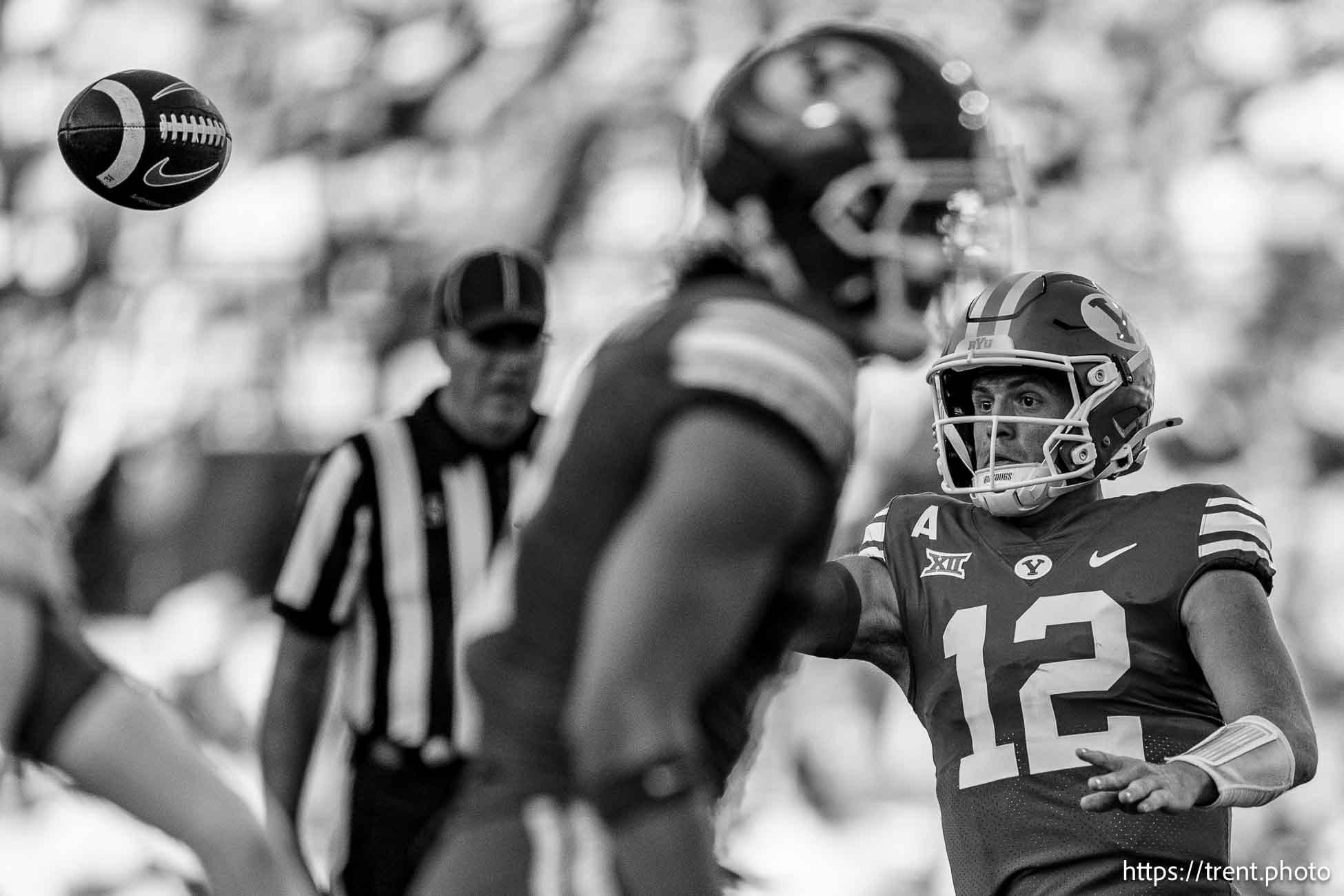 (Trent Nelson  |  The Salt Lake Tribune) Brigham Young Cougars quarterback Jake Retzlaff (12) throws the ball as BYU hosts Southern Illinois, NCAA football in Provo on Saturday, Aug. 31, 2024.