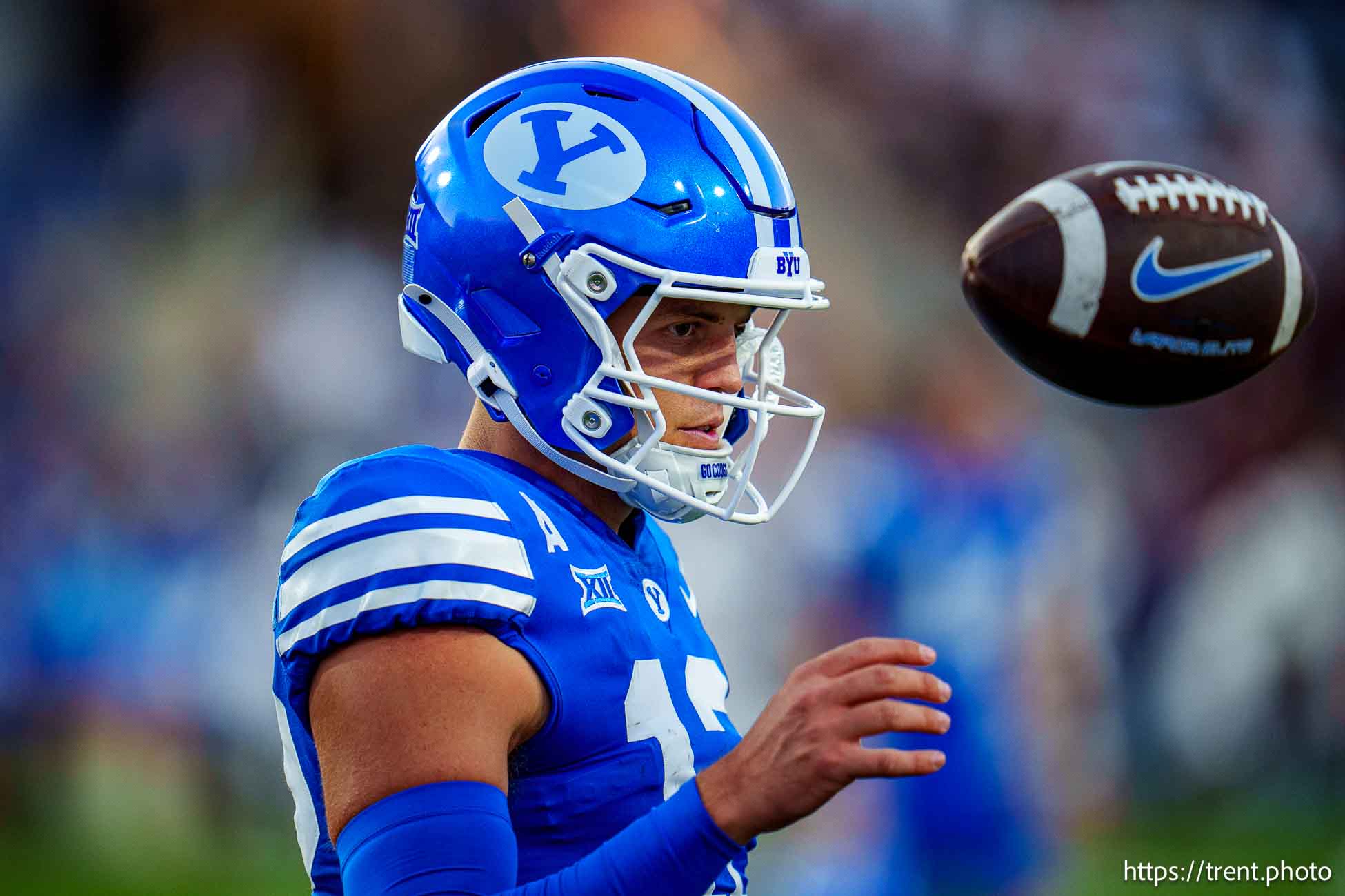 (Trent Nelson  |  The Salt Lake Tribune) Brigham Young Cougars quarterback Jake Retzlaff (12) as BYU hosts Southern Illinois, NCAA football in Provo on Saturday, Aug. 31, 2024.