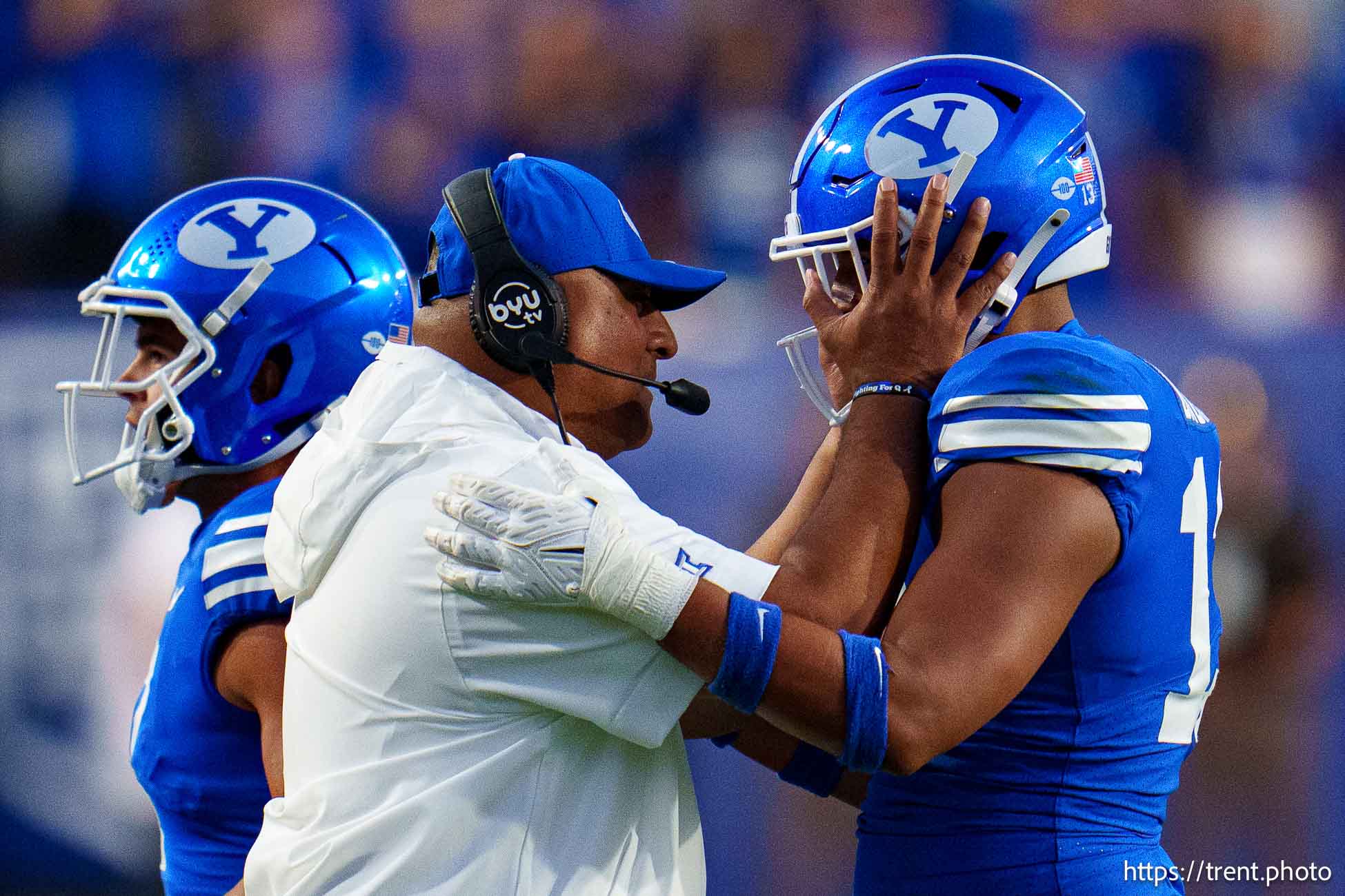 (Trent Nelson  |  The Salt Lake Tribune) Kalani Sitake and Brigham Young Cougars defensive end Isaiah Bagnah (13) as BYU hosts Southern Illinois, NCAA football in Provo on Saturday, Aug. 31, 2024.