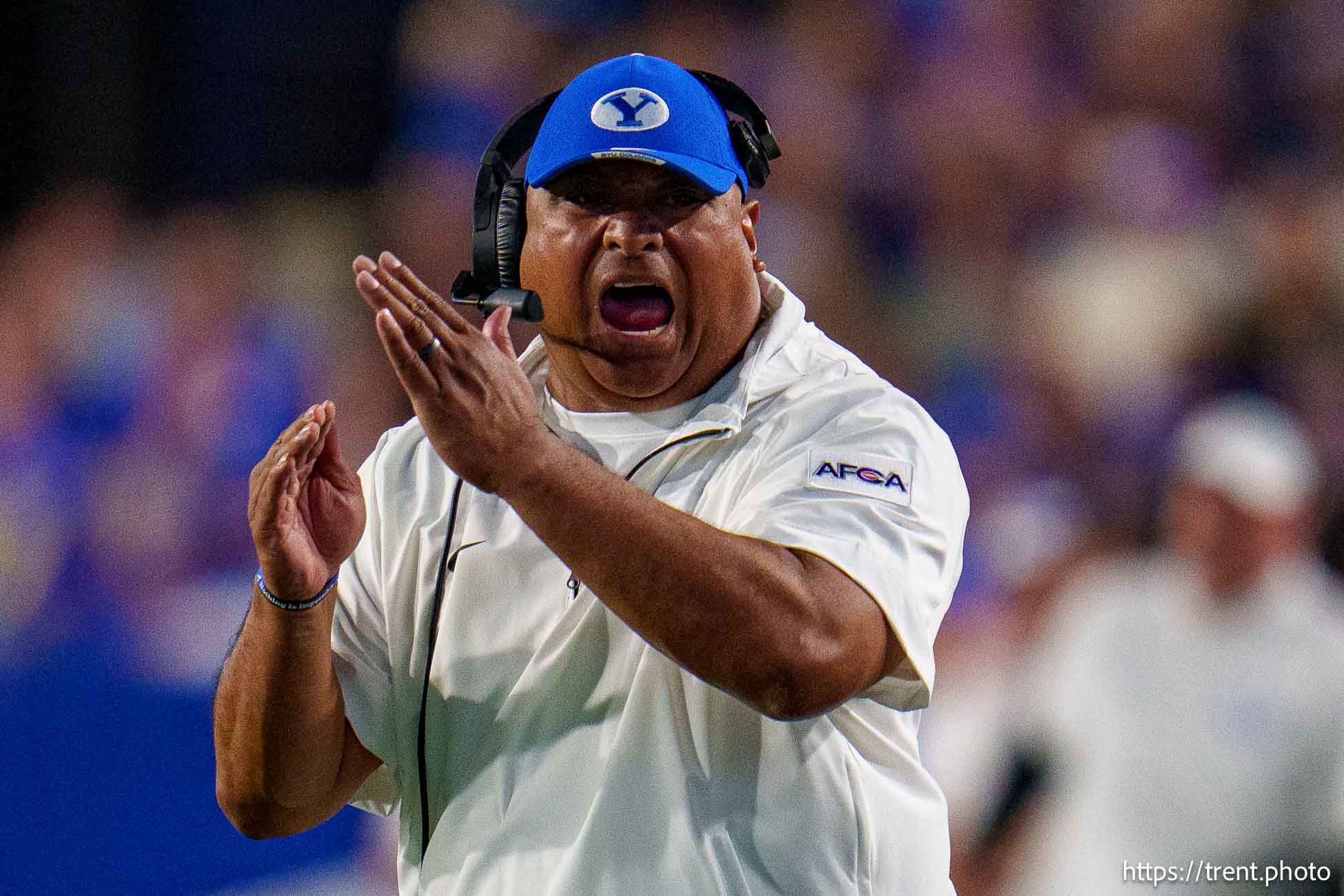 (Trent Nelson  |  The Salt Lake Tribune) Kalani Sitake as BYU hosts Southern Illinois, NCAA football in Provo on Saturday, Aug. 31, 2024.