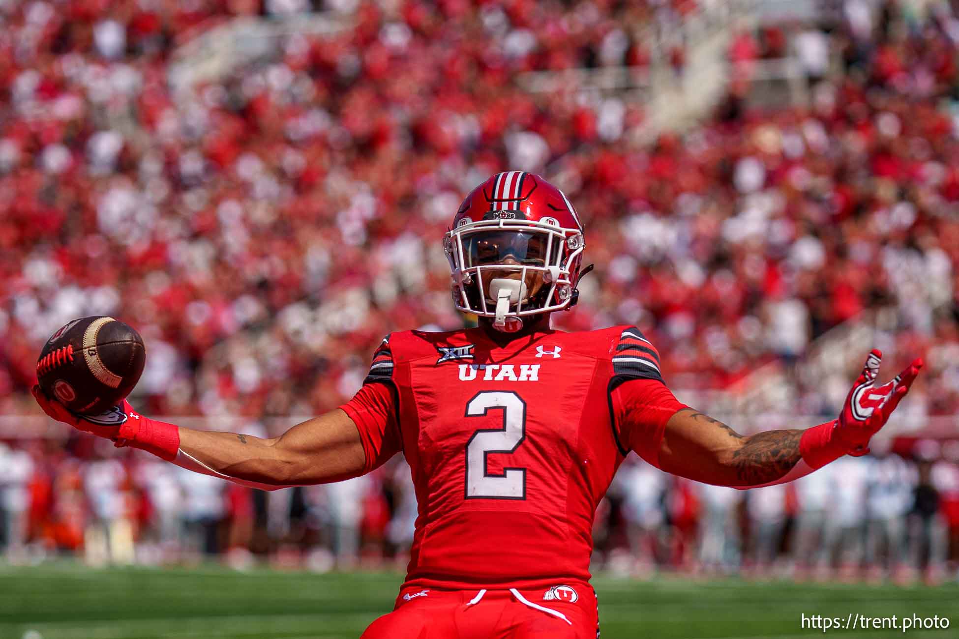 (Trent Nelson  |  The Salt Lake Tribune) Utah Utes running back Micah Bernard (2) celebrates a touchdown as the Utah Utes host the Baylor Bears, NCAA football in Salt Lake City on Saturday, Sept. 7, 2024.