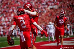 (Trent Nelson  |  The Salt Lake Tribune) Utah Utes tight end Brant Kuithe (80) and Utah Utes running back Micah Bernard (2) as the Utah Utes host the Baylor Bears, NCAA football in Salt Lake City on Saturday, Sept. 7, 2024.