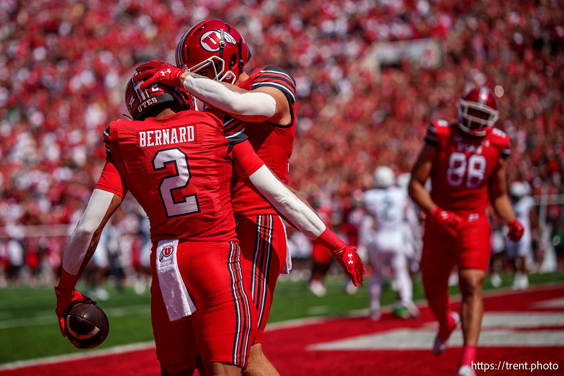 (Trent Nelson  |  The Salt Lake Tribune) Utah Utes tight end Brant Kuithe (80) and Utah Utes running back Micah Bernard (2) as the Utah Utes host the Baylor Bears, NCAA football in Salt Lake City on Saturday, Sept. 7, 2024.