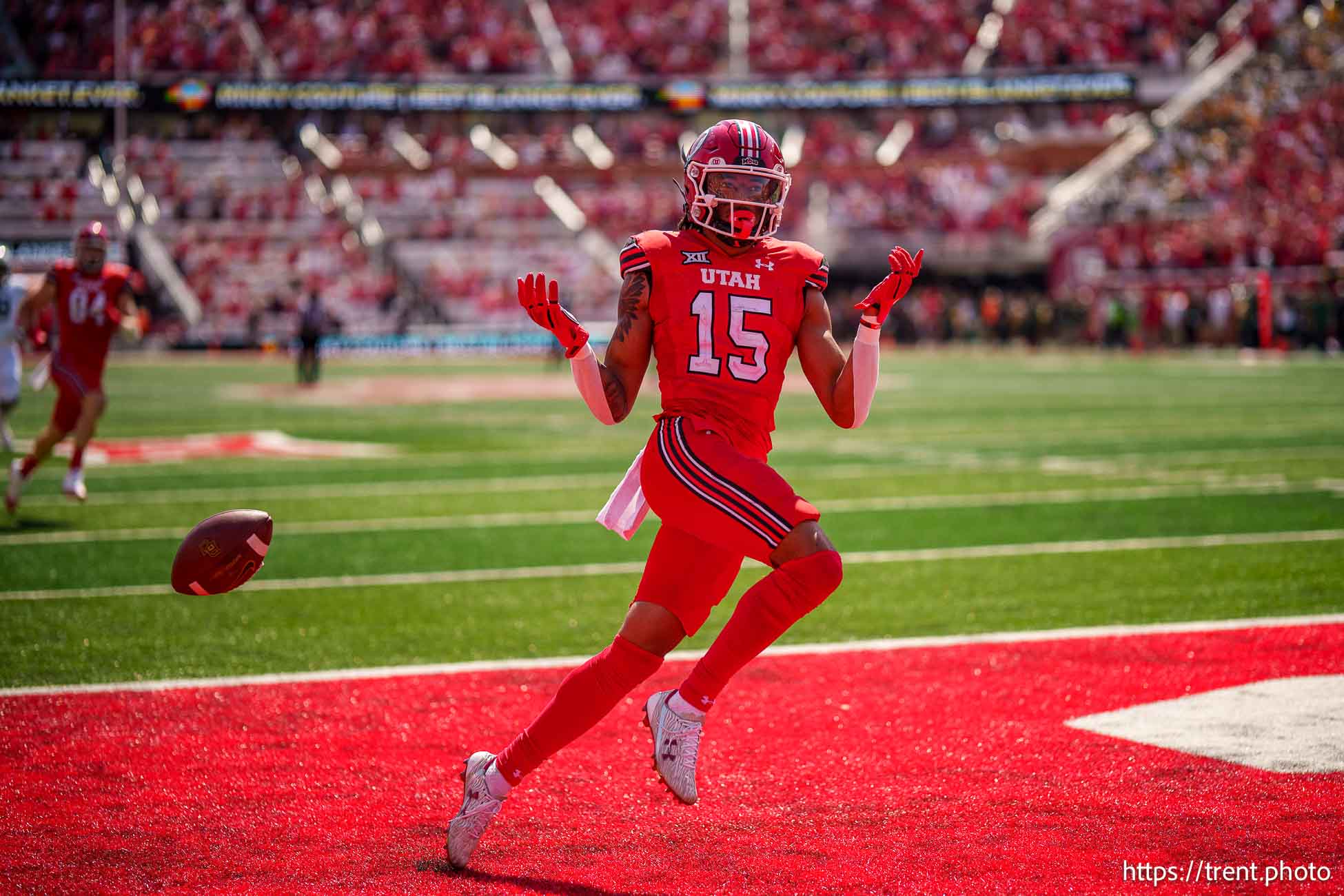 (Trent Nelson  |  The Salt Lake Tribune) Utah Utes safety Tao Johnson (15) scores a touchdown after recovering a blocked field goal as the Utah Utes host the Baylor Bears, NCAA football in Salt Lake City on Saturday, Sept. 7, 2024.