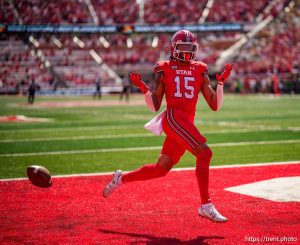 (Trent Nelson  |  The Salt Lake Tribune) Utah Utes safety Tao Johnson (15) scores a touchdown after recovering a blocked field goal as the Utah Utes host the Baylor Bears, NCAA football in Salt Lake City on Saturday, Sept. 7, 2024.