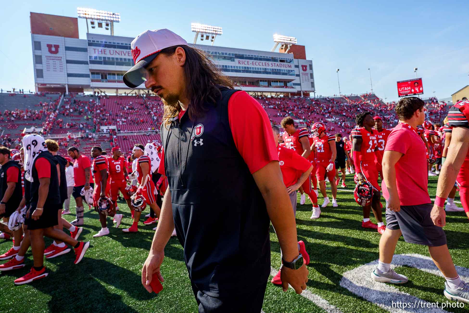 (Trent Nelson  |  The Salt Lake Tribune) Utah Utes quarterback Cameron Rising (7) walks off the field after the Utah Utes beat the Baylor Bears, NCAA football in Salt Lake City on Saturday, Sept. 7, 2024.