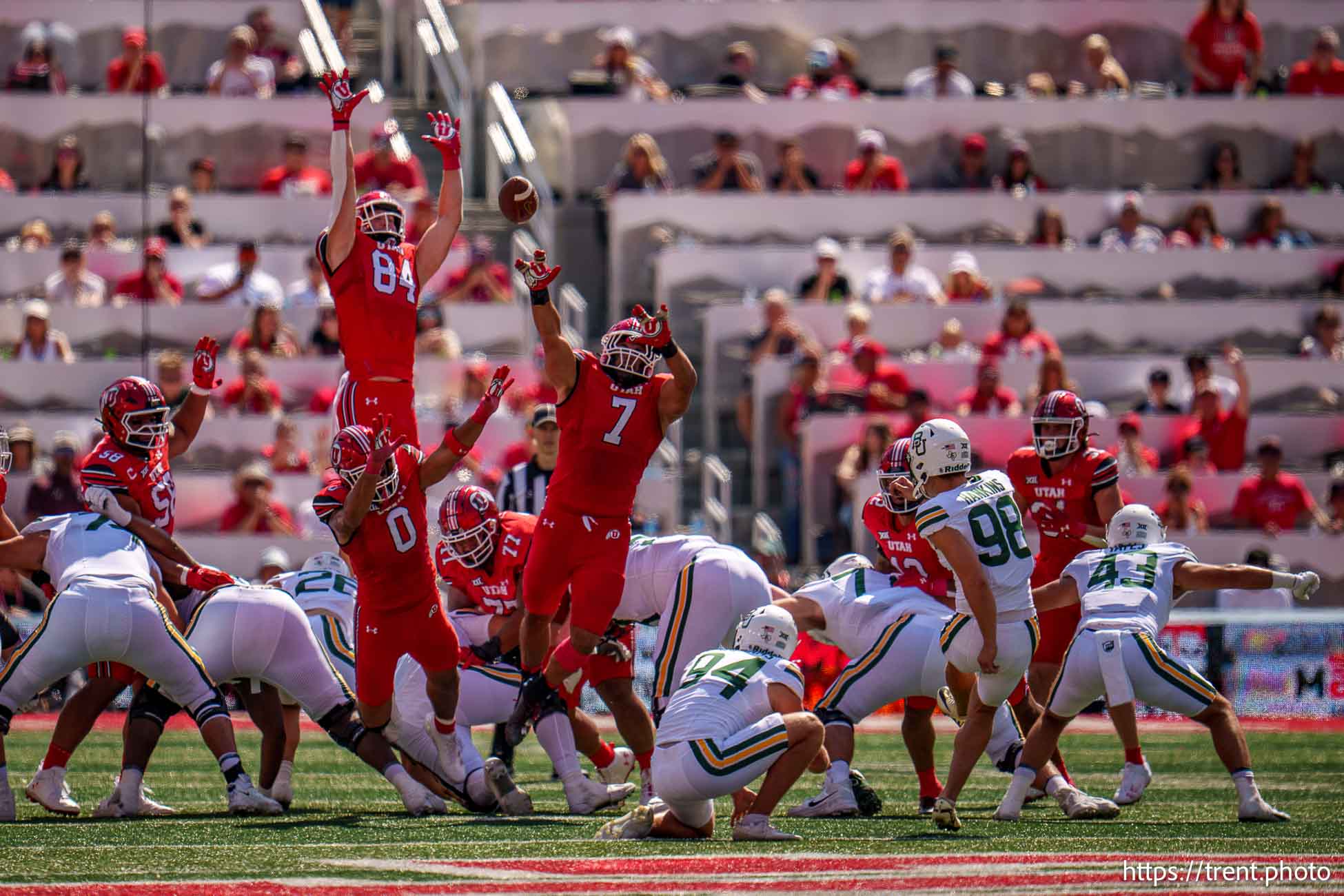 (Trent Nelson  |  The Salt Lake Tribune) Utah players block a field goal attempt as the Utah Utes host the Baylor Bears, NCAA football in Salt Lake City on Saturday, Sept. 7, 2024.