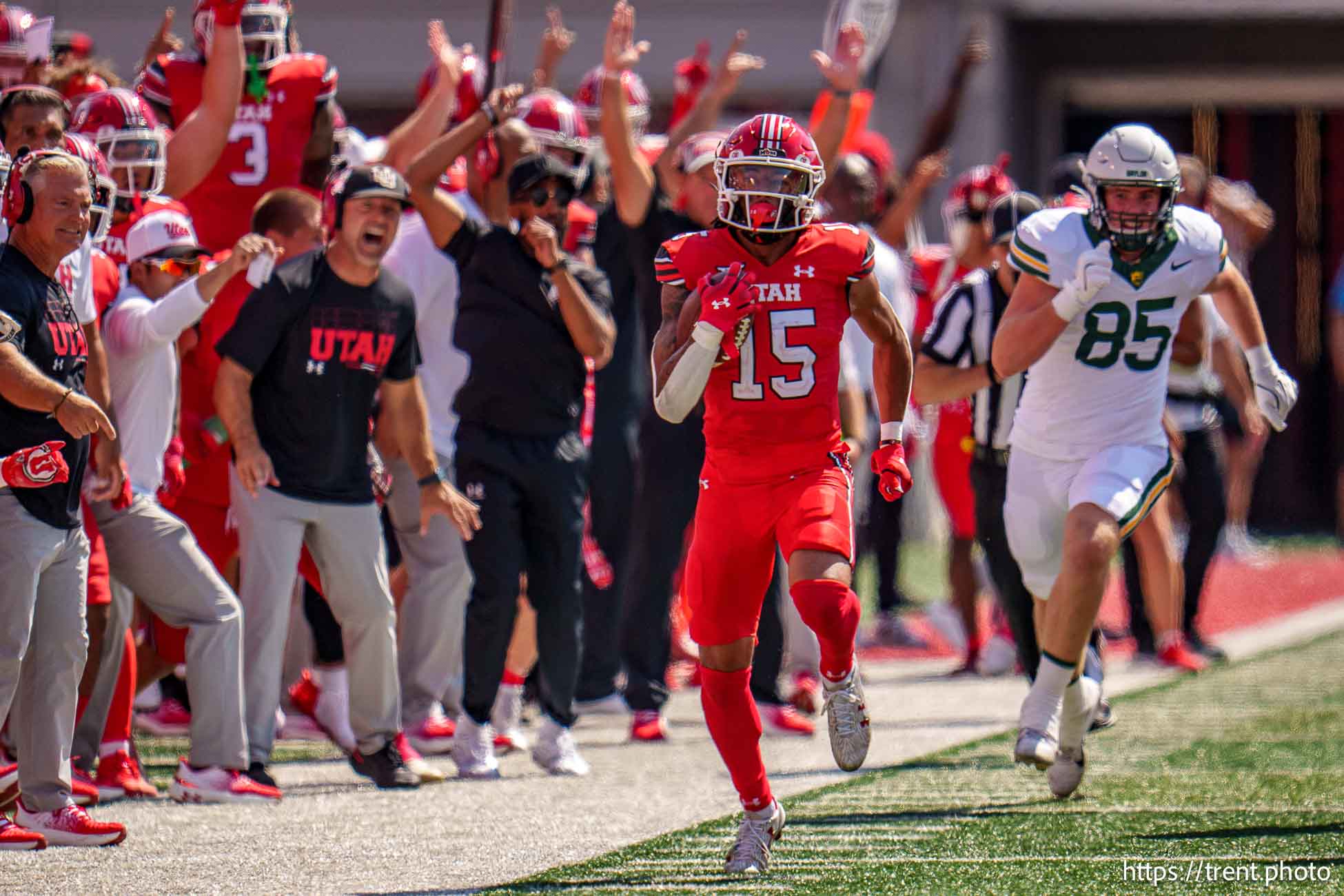 (Trent Nelson  |  The Salt Lake Tribune) Utah Utes safety Tao Johnson (15) scores a touchdown after recovering a blocked field goal as the Utah Utes host the Baylor Bears, NCAA football in Salt Lake City on Saturday, Sept. 7, 2024.