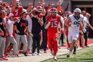 (Trent Nelson  |  The Salt Lake Tribune) Utah Utes safety Tao Johnson (15) scores a touchdown after recovering a blocked field goal as the Utah Utes host the Baylor Bears, NCAA football in Salt Lake City on Saturday, Sept. 7, 2024.