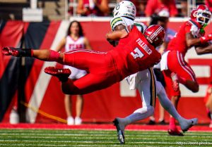 (Trent Nelson  |  The Salt Lake Tribune) Utah Utes defensive end Van Fillinger (7) grabs onto Baylor Bears quarterback Dequan Finn (7) as the Utah Utes host the Baylor Bears, NCAA football in Salt Lake City on Saturday, Sept. 7, 2024.