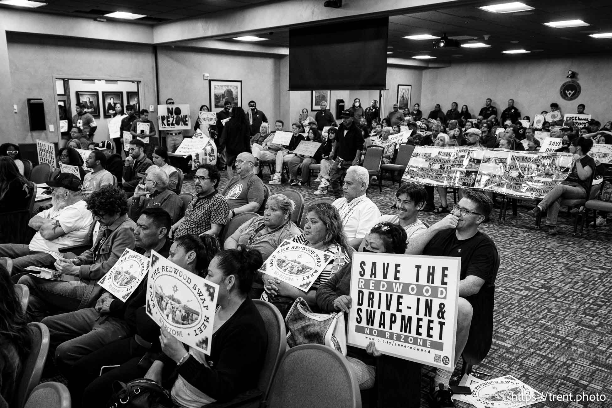 (Trent Nelson  |  The Salt Lake Tribune) People listen to comment before the West Valley City Council's final vote on the proposed rezoning of the land where the Redwood Drive-In and Swap Meet is located, on Tuesday, Sept. 17, 2024.