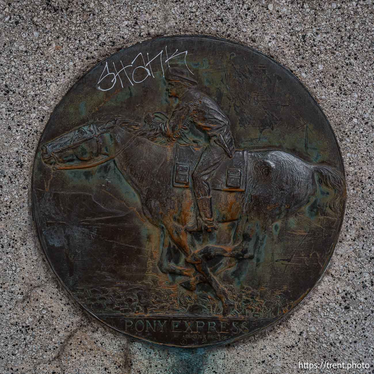 Pony Express marker on Main Street. Shank graffiti, Salt Lake City history walking tour with Salt Lake Tribune staff on Friday, Sept. 20, 2024.