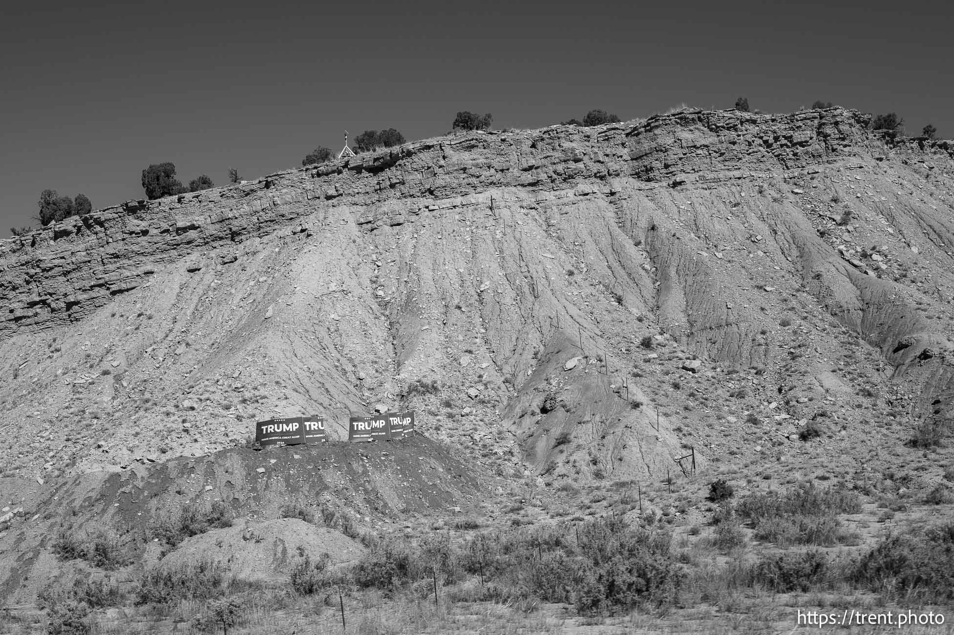 trump signs along cliff driving back from Moab on Sunday, Sept. 22, 2024.