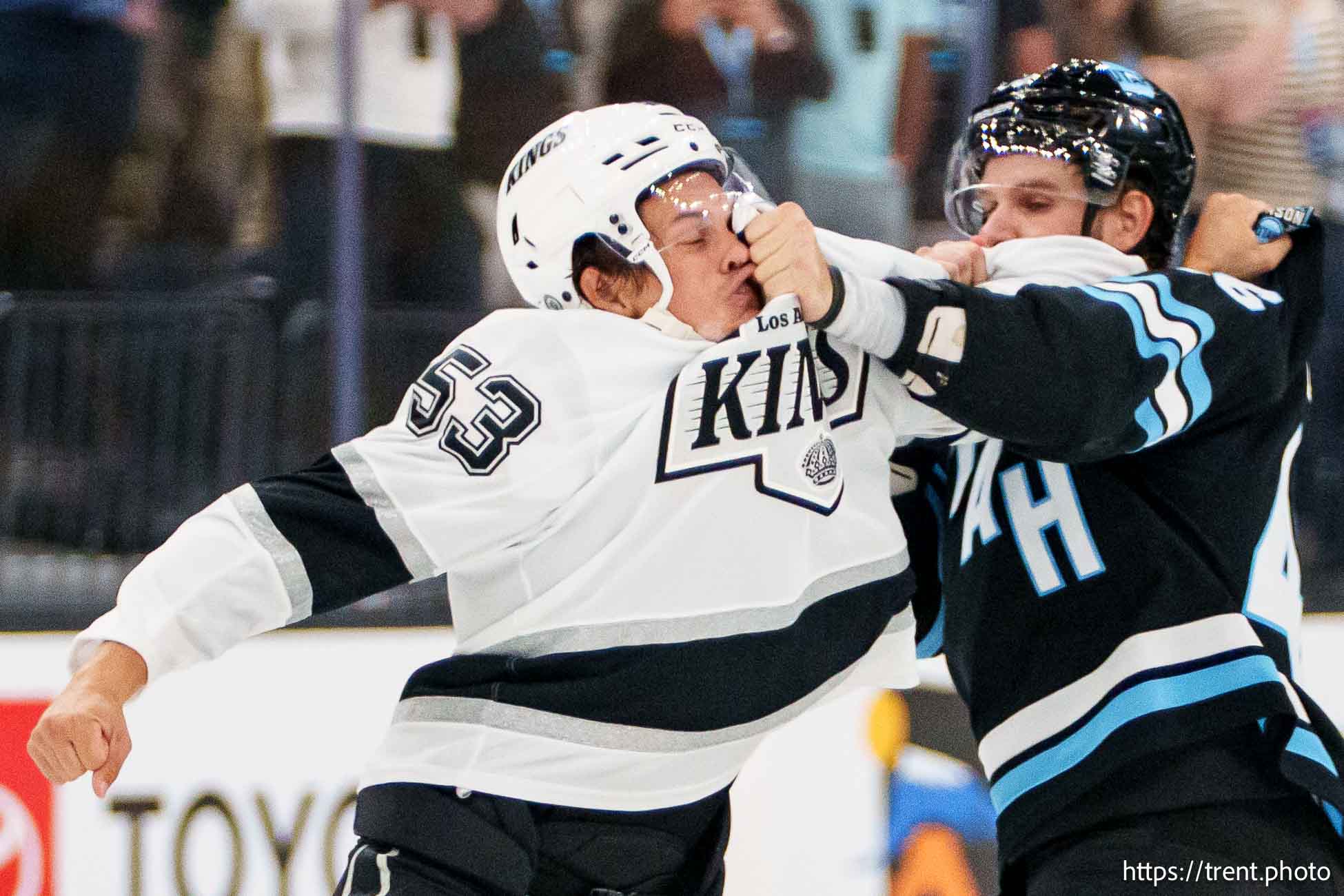 (Trent Nelson  |  The Salt Lake Tribune) Utah Hockey Club forward Travis Barron fights Los Angeles Kings center Jack Studnicka (53) as Utah Hockey Club hosts the Los Angeles Kings, NHL pre-season hockey in Salt Lake City on Monday, Sept. 23, 2024.