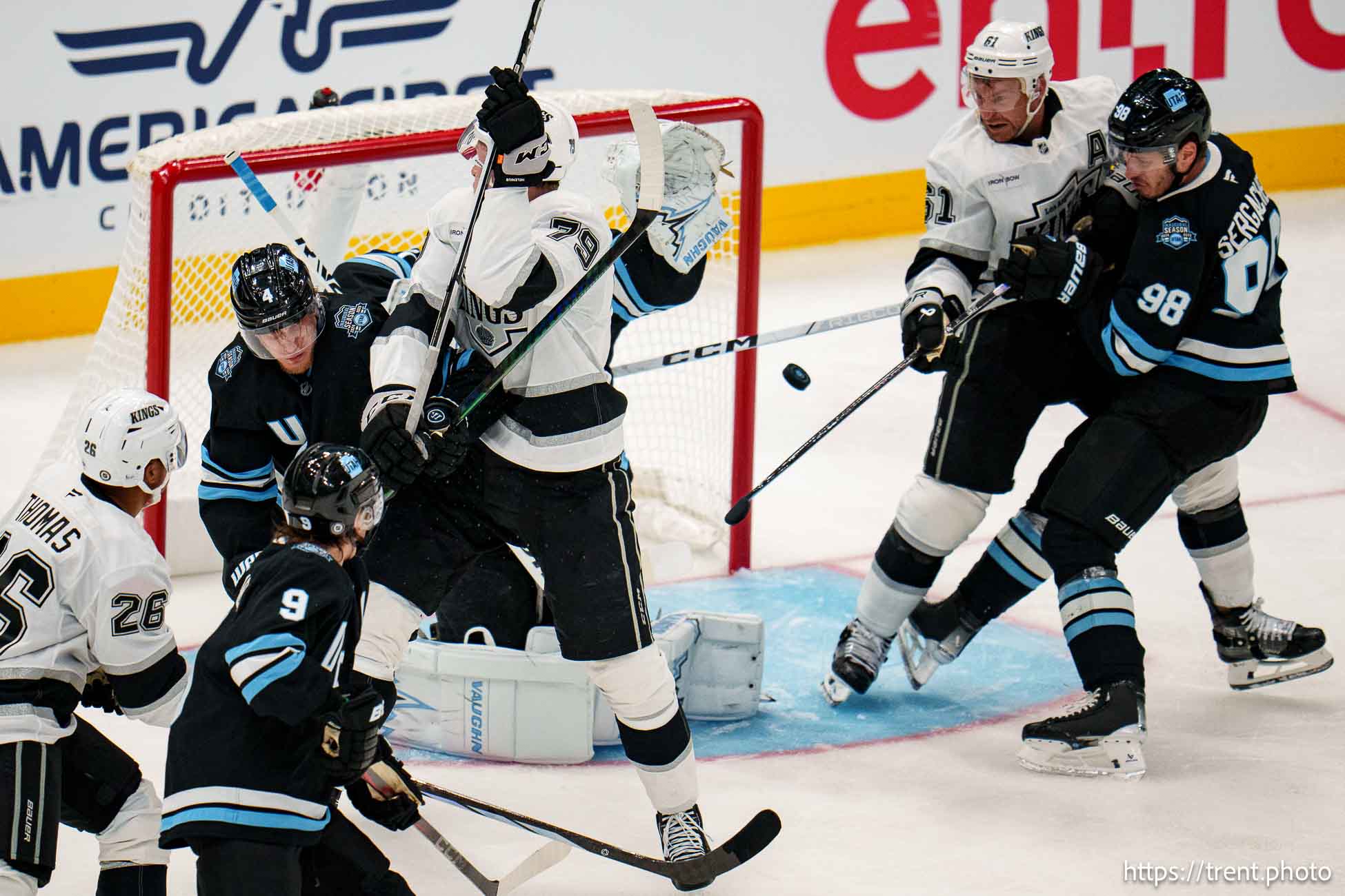 (Trent Nelson  |  The Salt Lake Tribune) Utah Hockey Club goaltender Matt Villalta (31) as Utah Hockey Club hosts the Los Angeles Kings, NHL pre-season hockey in Salt Lake City on Monday, Sept. 23, 2024.