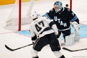 (Trent Nelson  |  The Salt Lake Tribune) The puck bounces off Utah Hockey Club goaltender Matt Villalta's head as Utah Hockey Club hosts the Los Angeles Kings, NHL pre-season hockey in Salt Lake City on Monday, Sept. 23, 2024.