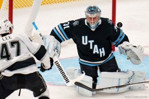 (Trent Nelson  |  The Salt Lake Tribune) The puck bounces off Utah Hockey Club goaltender Matt Villalta (31) as Utah Hockey Club hosts the Los Angeles Kings, NHL pre-season hockey in Salt Lake City on Monday, Sept. 23, 2024.