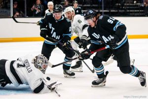 (Trent Nelson  |  The Salt Lake Tribune) Utah Hockey Club forward Josh Doan (91) as Utah Hockey Club hosts the Los Angeles Kings, NHL pre-season hockey in Salt Lake City on Monday, Sept. 23, 2024.