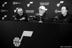 (Trent Nelson  |  The Salt Lake Tribune) Utah Jazz GM Justin Zanik, CEO Danny Ainge and owner Ryan Smith speak at a news conference in Salt Lake City on Friday, Sept. 27, 2024.