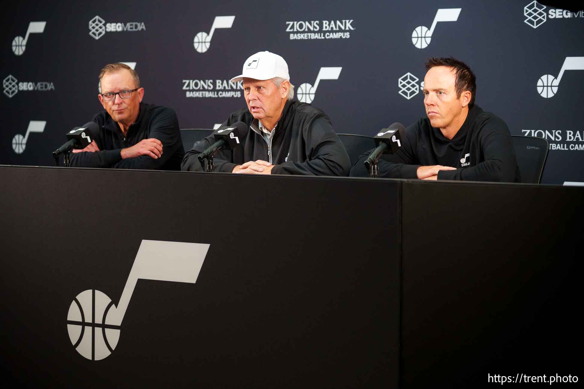 (Trent Nelson  |  The Salt Lake Tribune) Utah Jazz GM Justin Zanik, CEO Danny Ainge and owner Ryan Smith speak at a news conference in Salt Lake City on Friday, Sept. 27, 2024.