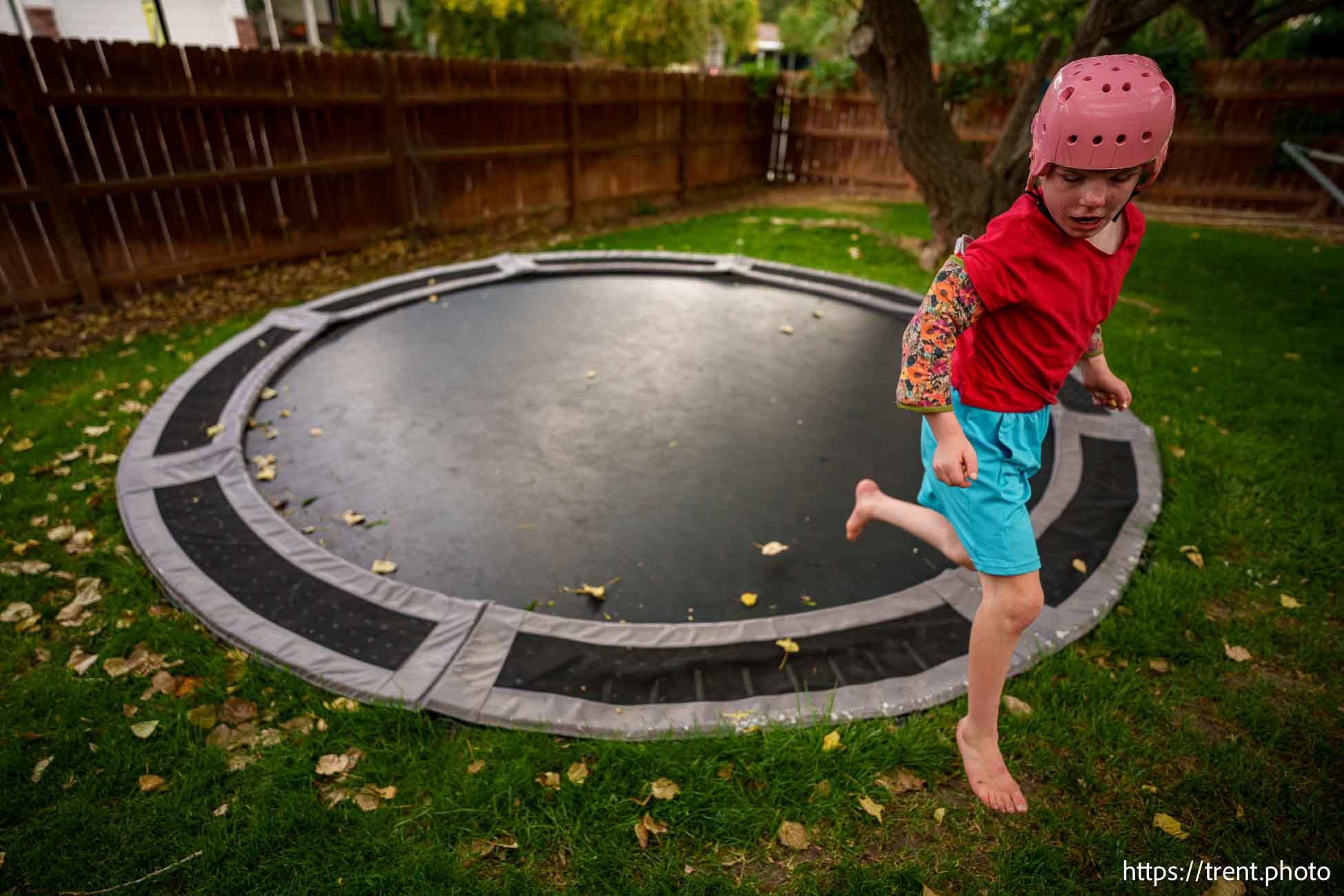 (Trent Nelson  |  The Salt Lake Tribune) Harper Tribe on the family's backyard trampoline in South Jordan on Monday, Sept. 16, 2024.