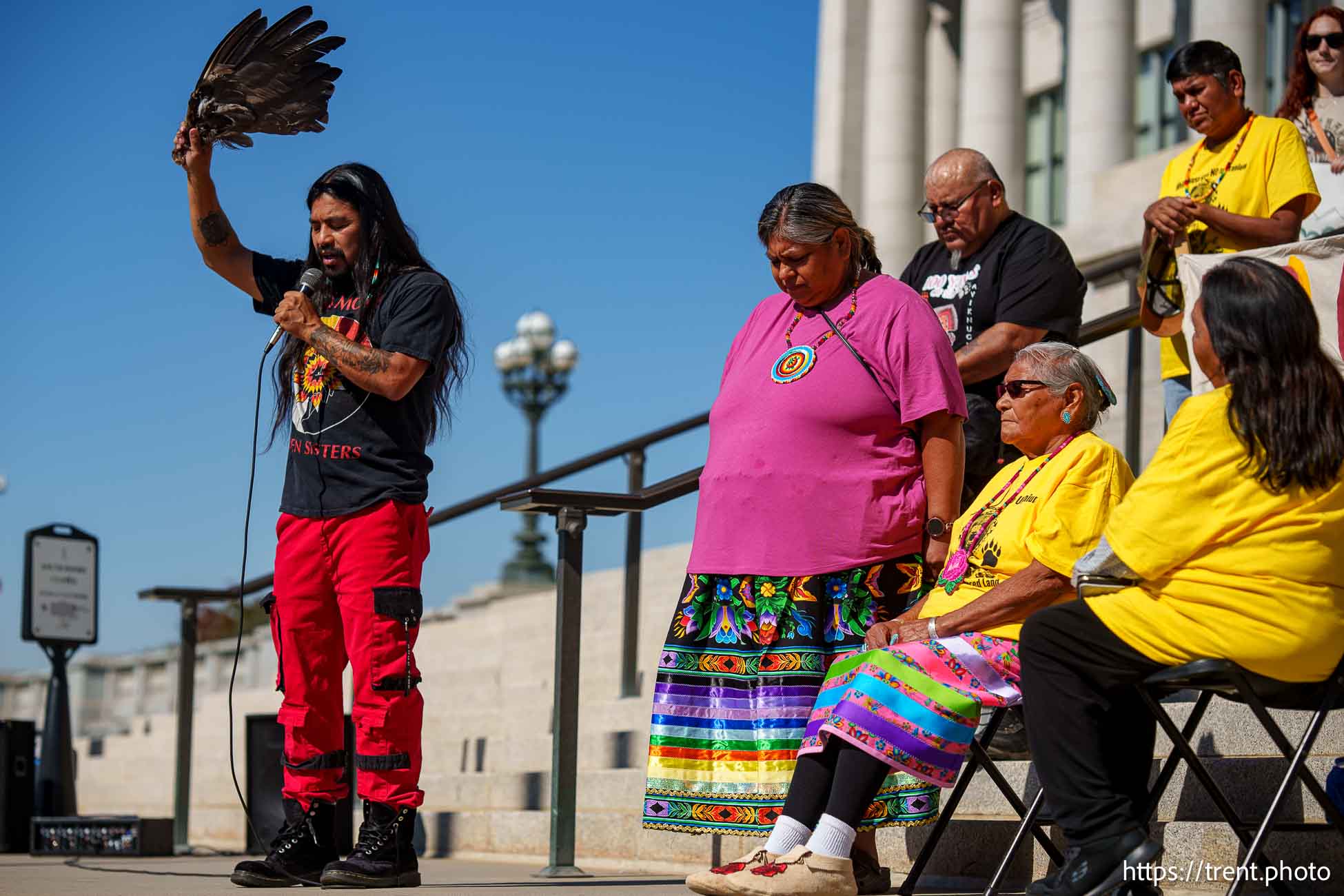 (Trent Nelson  |  The Salt Lake Tribune) Carl Moore offers a prayer at a White Mesa Ute community rally at the Utah Capitol in Salt Lake City on Friday, Oct. 4, 2024.