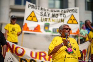 (Trent Nelson  |  The Salt Lake Tribune) Thelma Whiskers speaks at a White Mesa Ute community rally at the Utah Capitol in Salt Lake City on Friday, Oct. 4, 2024.