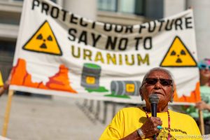 (Trent Nelson  |  The Salt Lake Tribune) Thelma Whiskers speaks at a White Mesa Ute community rally at the Utah Capitol in Salt Lake City on Friday, Oct. 4, 2024.