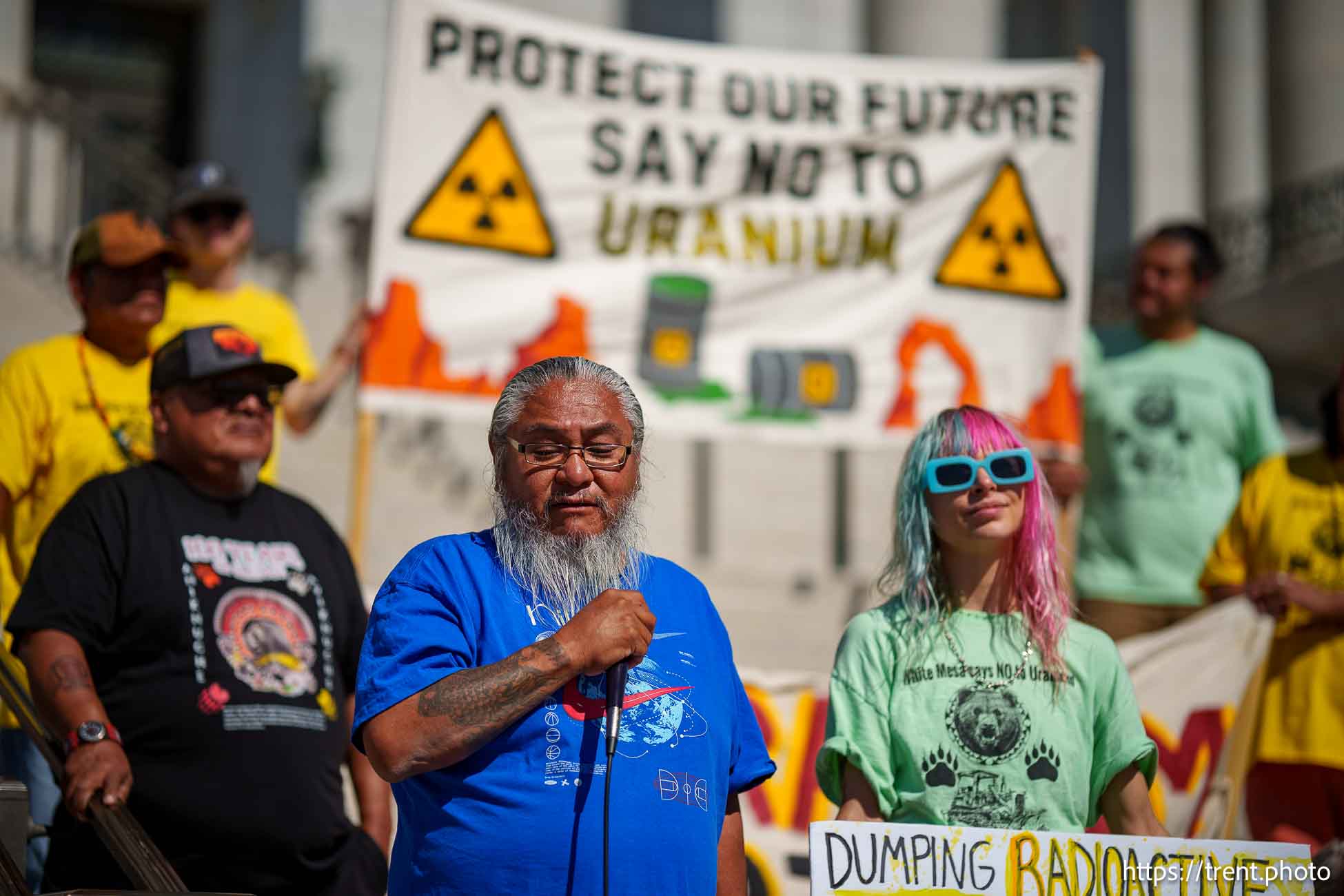 (Trent Nelson  |  The Salt Lake Tribune) Michael Badback speaks at a White Mesa Ute community rally at the Utah Capitol in Salt Lake City on Friday, Oct. 4, 2024.