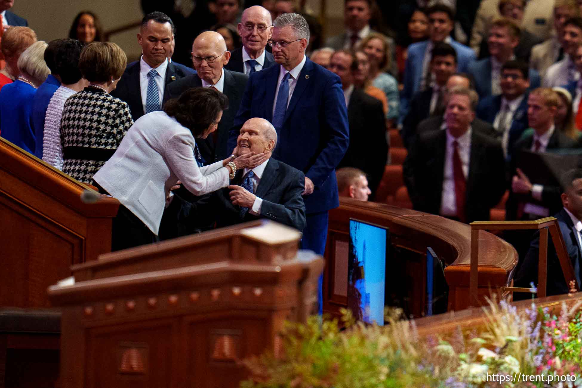 (Trent Nelson  |  The Salt Lake Tribune) Russell M. Nelson greets his wife as he arrives at General Conference on Sunday, Oct. 6, 2024.