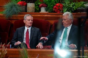 (Trent Nelson  |  The Salt Lake Tribune) Apostles David A. Bednar and Dieter F. Uchtdorf at General Conference on Sunday, Oct. 6, 2024.