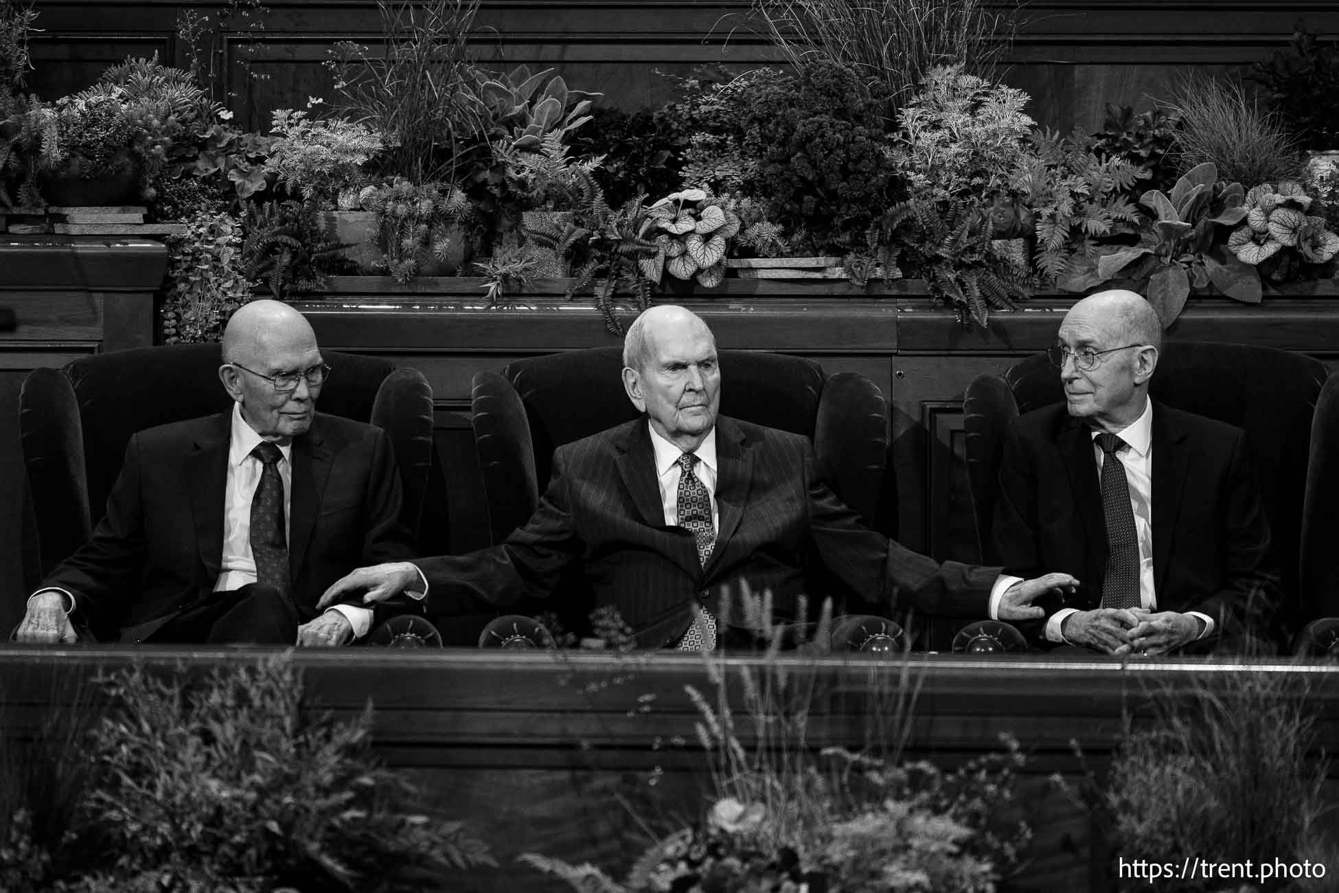 (Trent Nelson  |  The Salt Lake Tribune) President Russell M. Nelson, with his counselors, Dallin H. Oaks, left, and Henry B. Eyring at General Conference on Sunday, Oct. 6, 2024.