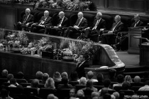 (Trent Nelson  |  The Salt Lake Tribune) President Russell M. Nelson and other church leaders at General Conference on Sunday, Oct. 6, 2024.